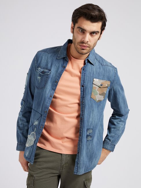 Chemise En Jean Bleu Coupe Slim Guess Abrasions
