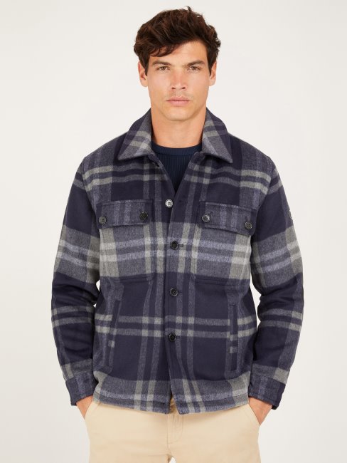 Guess Chemise Bleue En Laine Mélangée à Carreaux Multiples