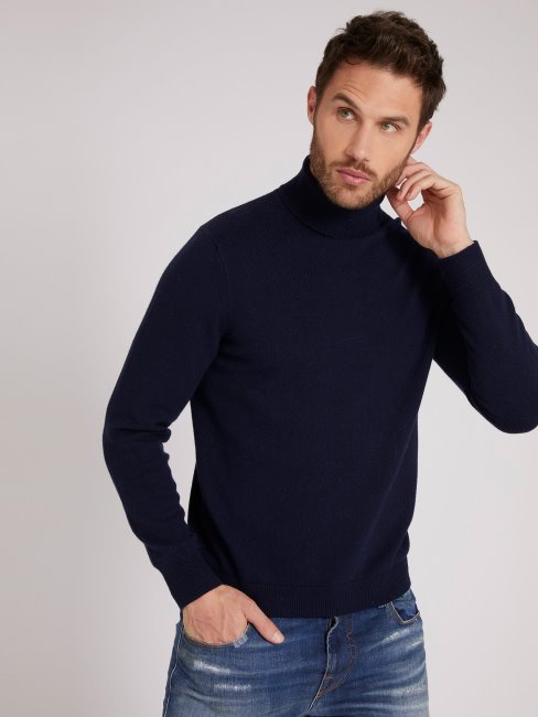 Guess Pull Bleu Col Roulé En Laine Mélangée