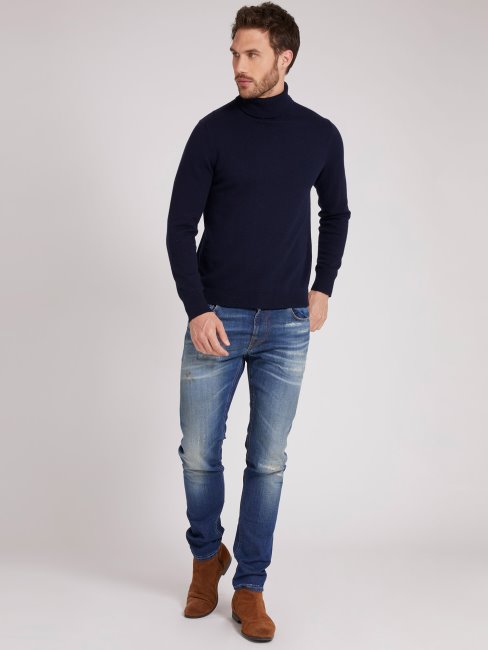 Guess Pull Bleu Col Roulé En Laine Mélangée