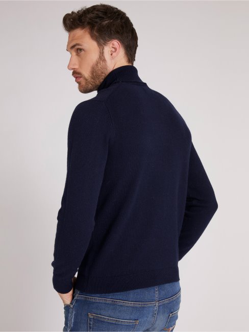 Guess Pull Bleu Col Roulé En Laine Mélangée