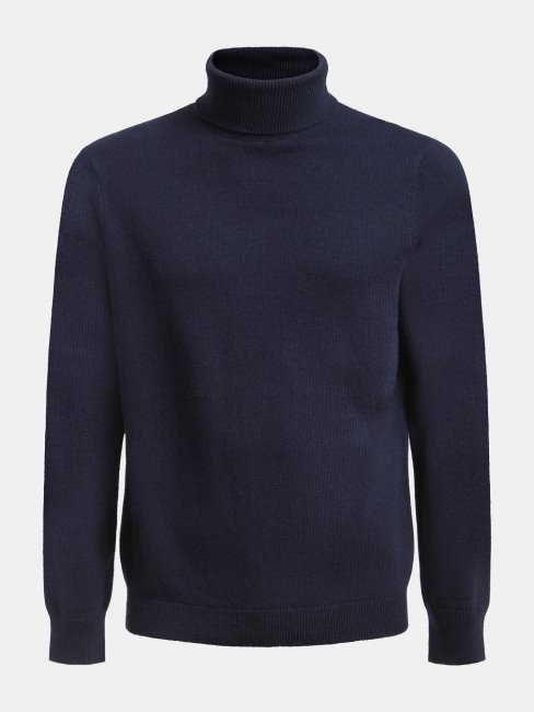 Guess Pull Bleu Col Roulé En Laine Mélangée