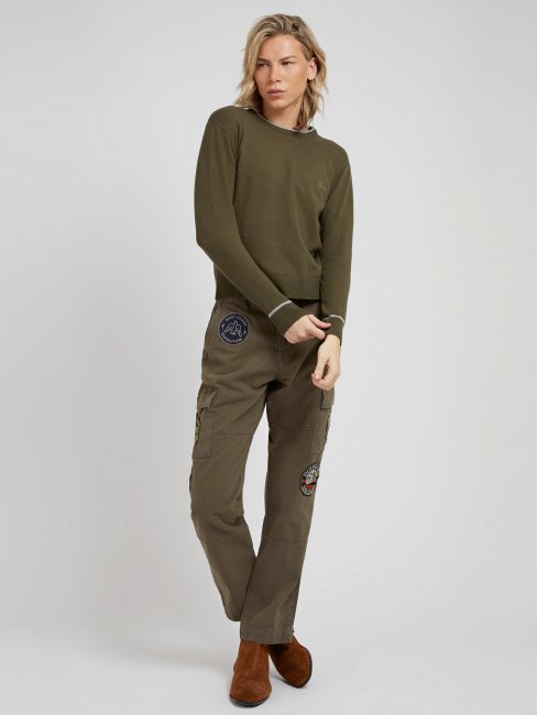 Pull Col Rond En Coton Stretch Vert Guess