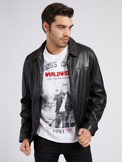 Veste En Cuir Véritable Noir Guess