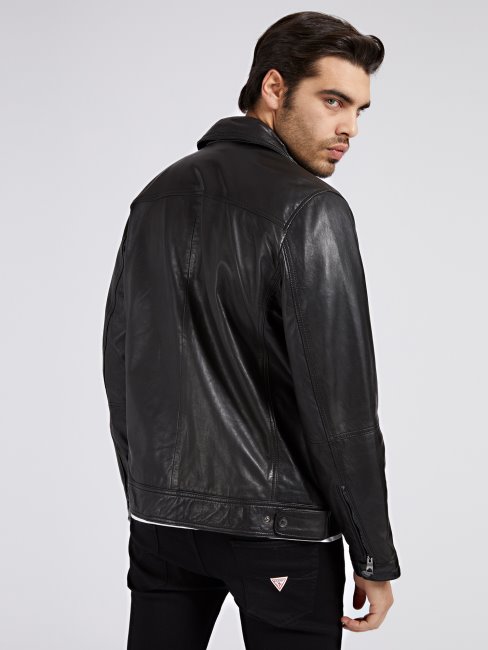 Veste En Cuir Véritable Noir Guess