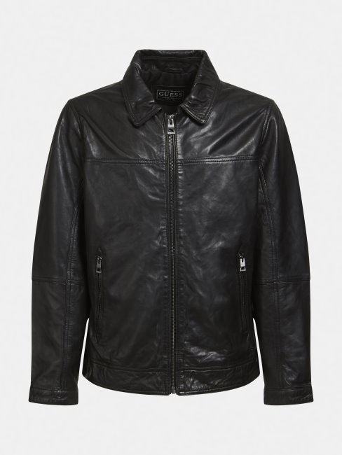 Veste En Cuir Véritable Noir Guess