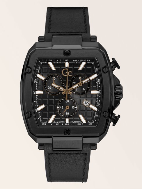 Gc Montre Chronographe En Cuir Véritable Guess Noir