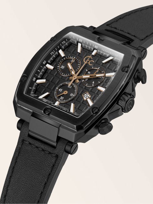 Gc Montre Chronographe En Cuir Véritable Guess Noir