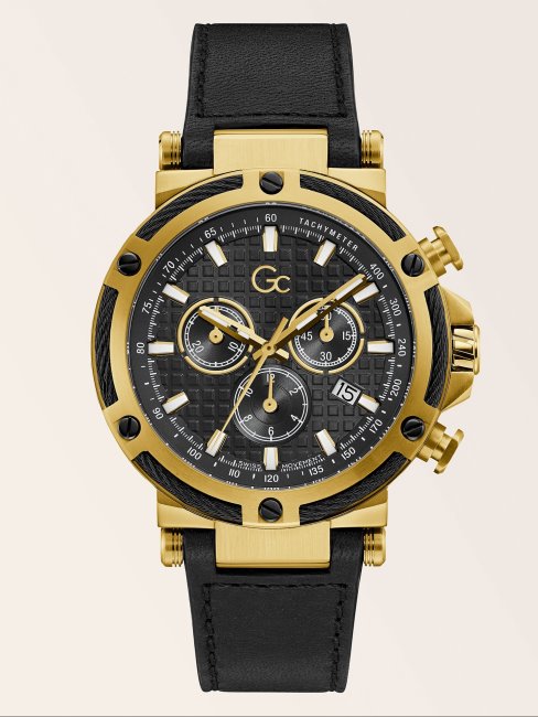 Gc Montre Chronographe En Cuir Véritable Noir Guess