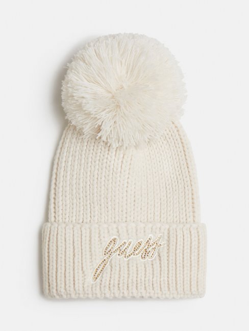 Bonnet Pompon Logo Devant Guess Blanc
