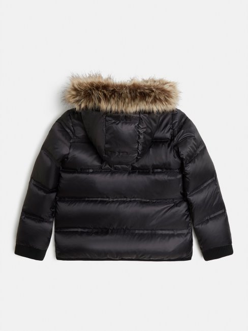 Guess Doudoune Noire à Capuche En Fausse Fourrure