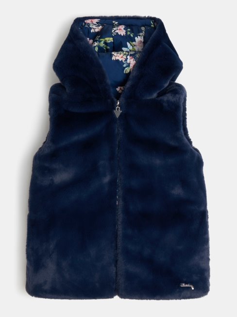 Guess Gilet Bleu Réversible En Fausse Fourrure