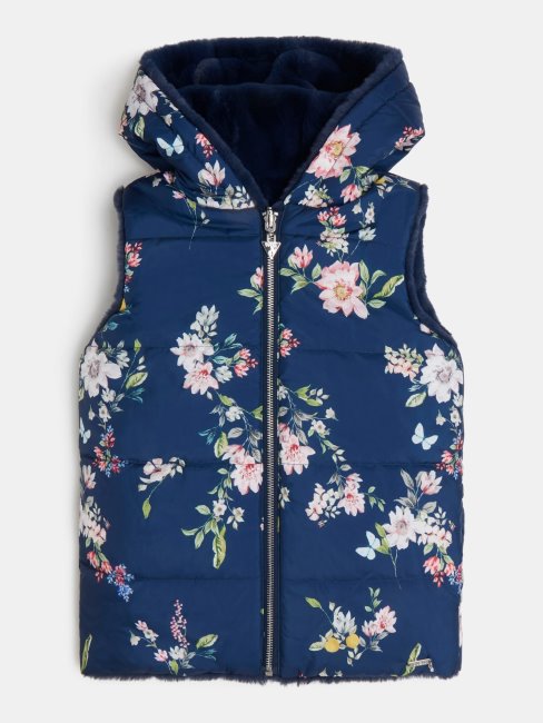 Guess Gilet Bleu Réversible En Fausse Fourrure