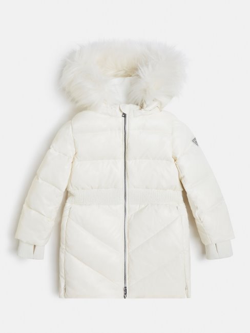 Doudoune Longue à Capuche En Fausse Fourrure Blanche Guess