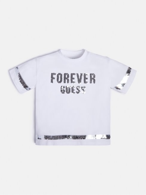 T-shirt Guess Blanc à Sequins Et Logo Sur Le Devant