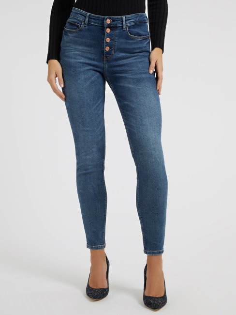 Pantalon En Denim Coupe Skinny Bleu à Boutons Apparents Guess