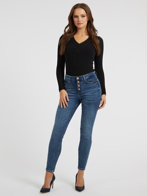 Pantalon En Denim Coupe Skinny Bleu à Boutons Apparents Guess
