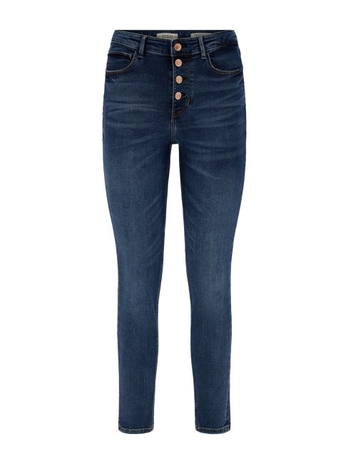 Pantalon En Denim Coupe Skinny Bleu à Boutons Apparents Guess