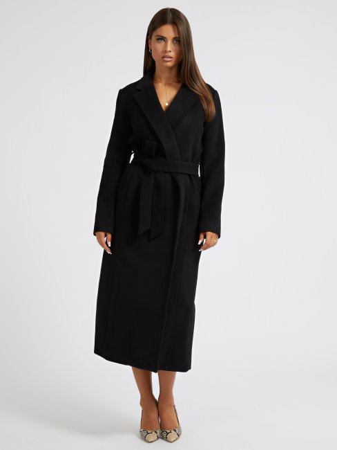 Manteau Ceinturé En Laine Mélangée Noir Guess