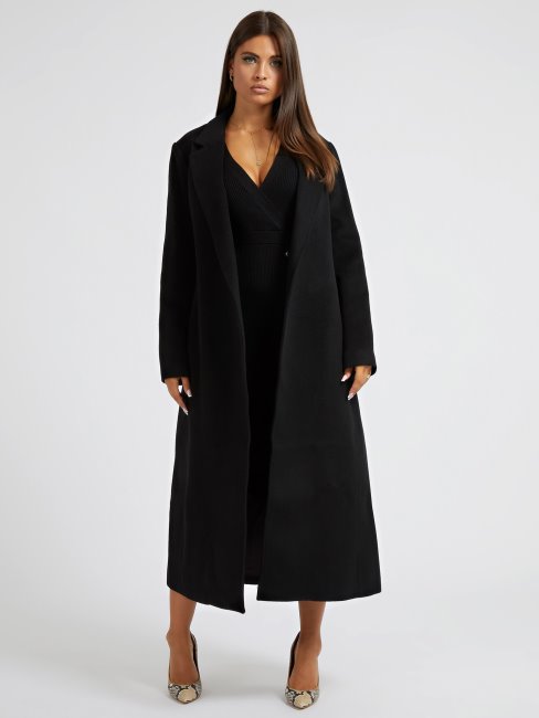 Manteau Ceinturé En Laine Mélangée Noir Guess