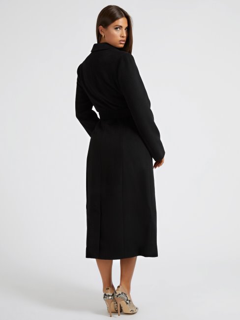 Manteau Ceinturé En Laine Mélangée Noir Guess