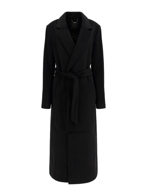 Manteau Ceinturé En Laine Mélangée Noir Guess