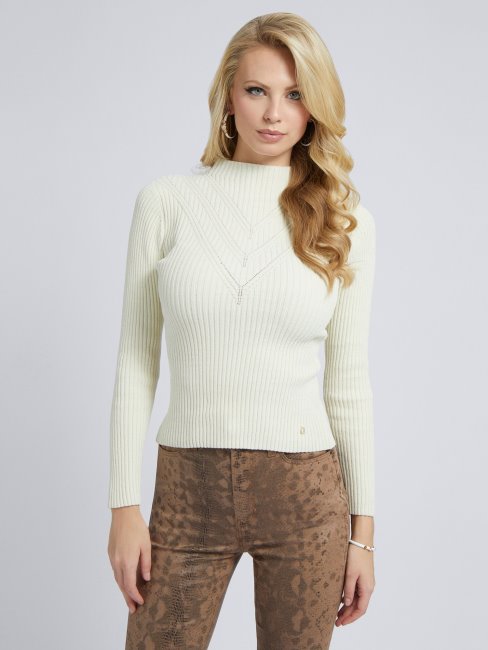 Pull Côtelé Col Roulé Guess Blanc