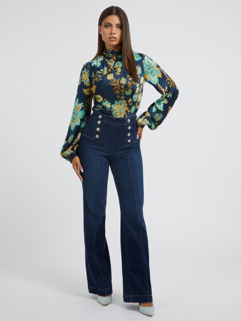 Pantalon Bleu En Denim évasé à Boutons Apparents Guess