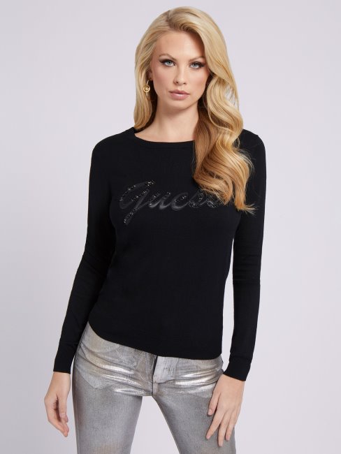 Pull Logo Strass Devant Guess Noir
