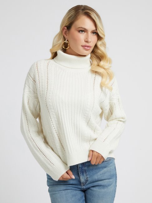 Pull Torsadé En Laine Mélangée Guess Blanc