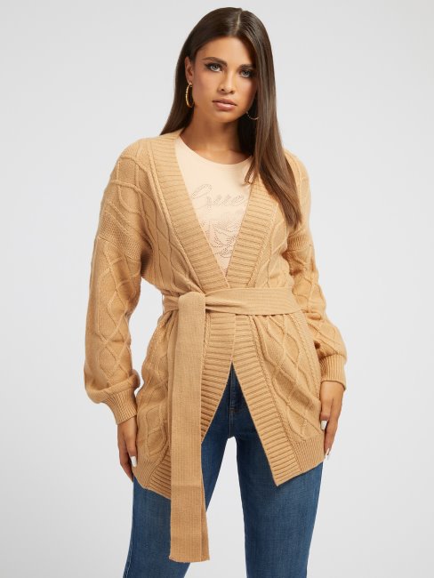 Cardigan Torsadé Beige En Laine Mélangée Guess