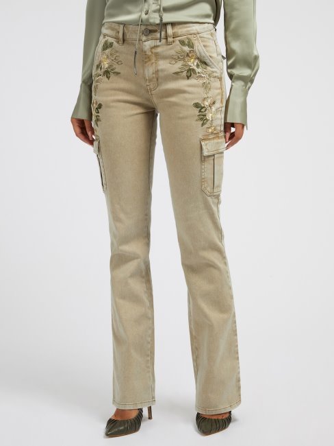 Pantalon Cargo Broderie Florale Beige Guess
