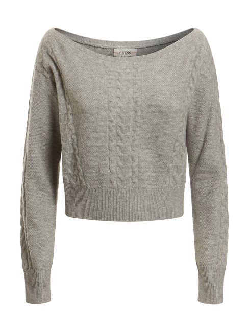 Pull En Cachemire Mélangé à Mailles Torsadées Grises Guess