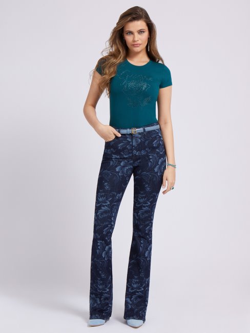 Pantalon Denim évasé Imprimé Fleurs Bleu Guess