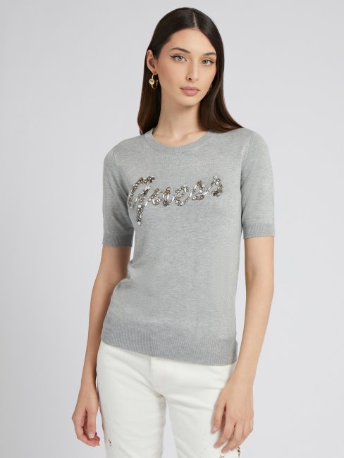 Pull Avec Logo Strass Devant Guess Gris Multi