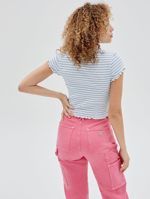 T-shirt Court Rayé à Logo Sur Le Devant Bleu