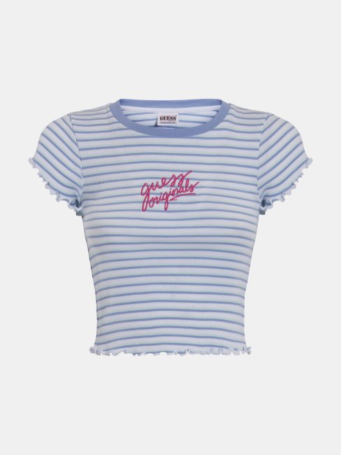 T-shirt Court Rayé à Logo Sur Le Devant Bleu