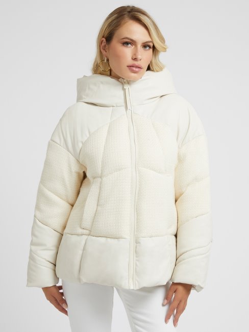 Doudoune Blanche à Empiècement En Tweed Guess