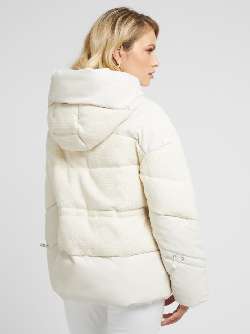 Doudoune Blanche à Empiècement En Tweed Guess