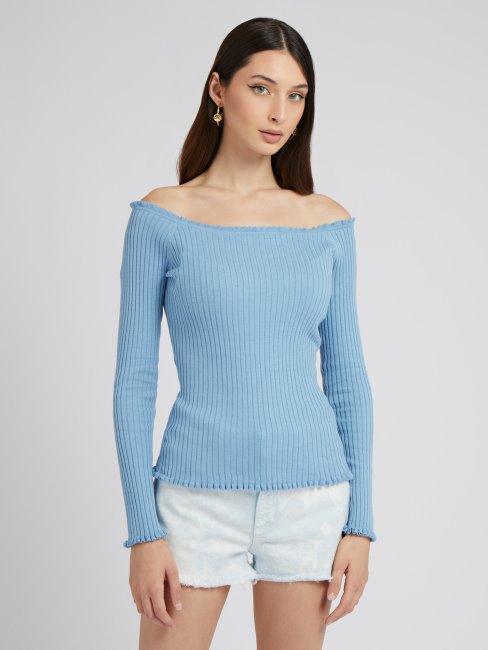 Pull Guess Bleu Clair à épaules Dénudées