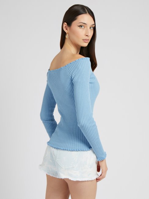 Pull Guess Bleu Clair à épaules Dénudées