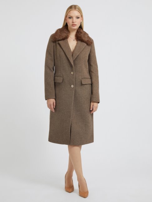 Guess Manteau Beige En Laine Mélangée à Col En Fausse Fourrure