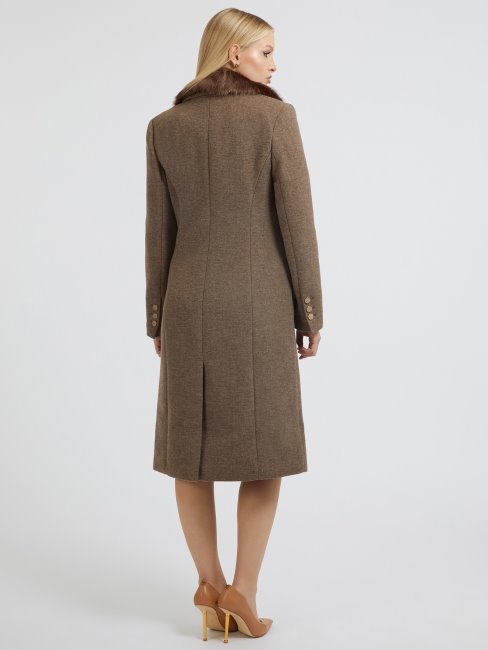 Guess Manteau Beige En Laine Mélangée à Col En Fausse Fourrure