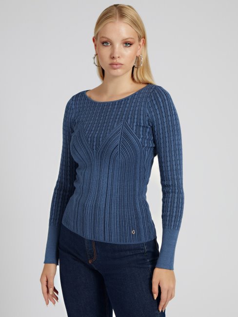Pull Bleu Col Bateau En Viscose Mélangée Guess