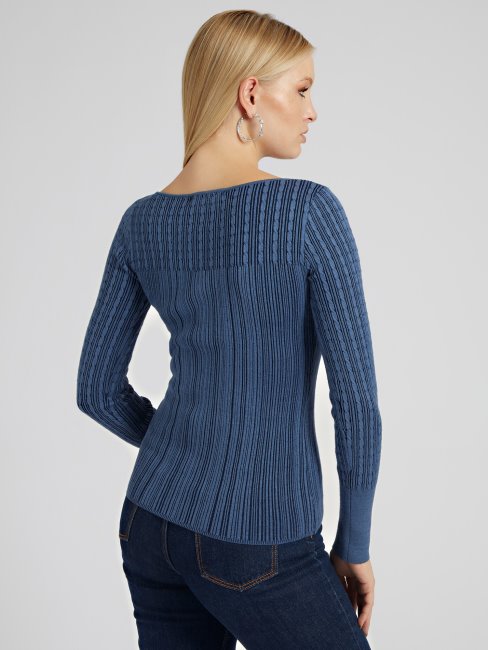 Pull Bleu Col Bateau En Viscose Mélangée Guess