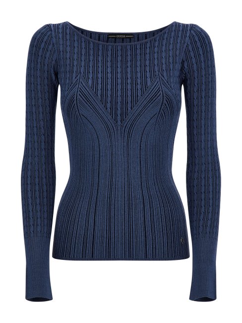 Pull Bleu Col Bateau En Viscose Mélangée Guess