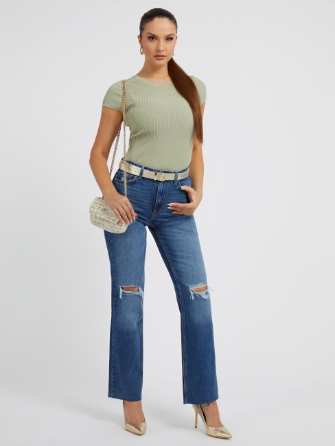 Pantalon Denim Droit Abrasions Bleu Guess