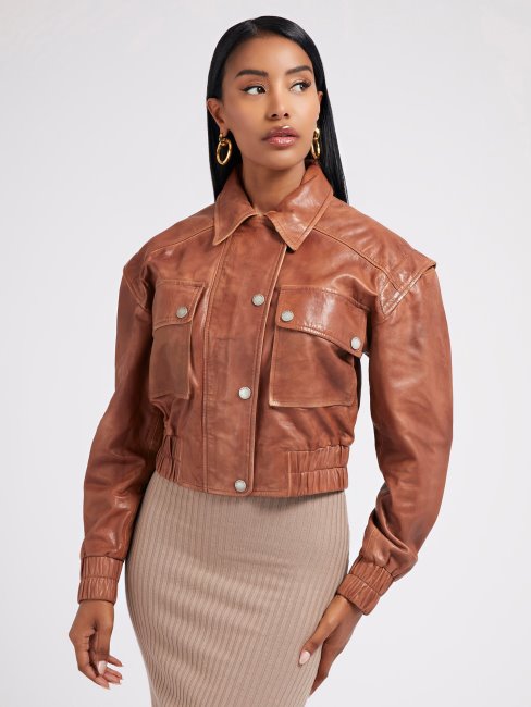 Guess Crop Veste En Cuir Véritable Marron
