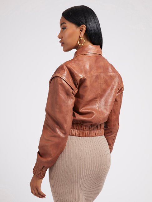 Guess Crop Veste En Cuir Véritable Marron