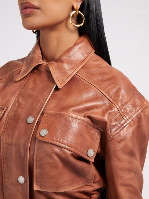 Guess Crop Veste En Cuir Véritable Marron